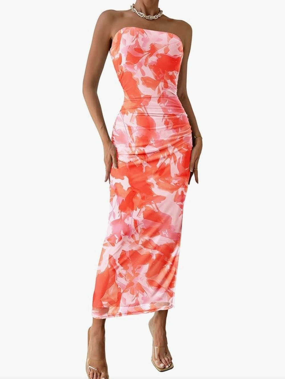 Strapless Coral Pink Floral Bodycon Dress